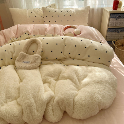 ins小波点牛奶绒拼接羊羔绒加厚四件套少女心韩系双面绒被套床单4_502