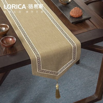 美式桌旗新中式禅意茶旗布现代简约茶几餐桌北欧电视柜布床旗定制 福延年-麻色(尖角款) 33*420cm
