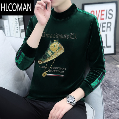 HLCOMAN金丝绒卫衣男半高领绿色鞋子烫金刺绣T恤理发师时尚潮打底衫