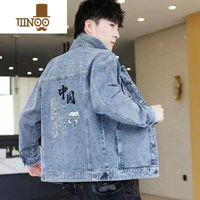 YANXU美式复古牛仔外套男秋季潮牌宽松工装夹克休闲百搭刺绣褂衣服