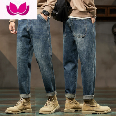 七斓直筒牛仔裤男士美式复古潮牌宽松大码工装九分休闲长裤子2023
