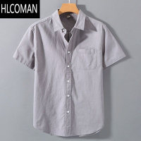 HLCOMAN潮牌亚麻衬衫男款夏季薄款宽松休闲麻料短袖衬衣潮流痞帅棉麻上衣