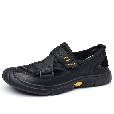 牛皮凉鞋男士新款休闲透气洞洞鞋男潮包头户外沙滩越南鞋