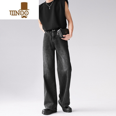 YANXUI感牛仔裤男宽松直筒复古做旧灰色长裤垂感阔腿拖地裤