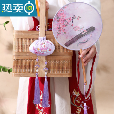 XIANCAI团扇古风舞蹈专用儿童中国风汉服扇子古装便携夏天小圆扇长柄流苏 红绡瑶琴+紫色国潮薰衣草香包