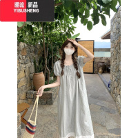 YIBUSHENG设计感拼接花边条纹泡泡袖连衣裙女季2024新款韩系显瘦气质长裙