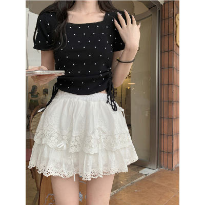 法式抽绳波点方领正肩短袖T恤女新款修身短款打底衫上衣设计感潮_1