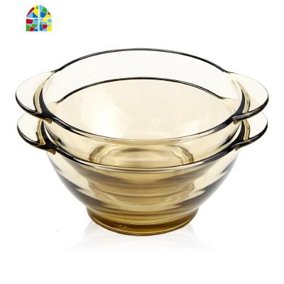 北欧玻璃碗茶色透明耐热双耳把手泡面碗汤沙拉碗甜品微波炉饭碗碟 FENGHOU 双耳碗4只组合装(送洗碗布,耐热)