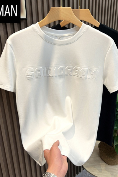 HLCOMAN夏季立体字母T恤男2025新款圆领修身简约半袖打底衫青年百搭短袖t