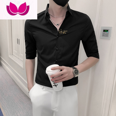 七斓高级感雅痞休闲潮牌衬衫五分袖2023新款夏季设计感修身潮流衬衣男