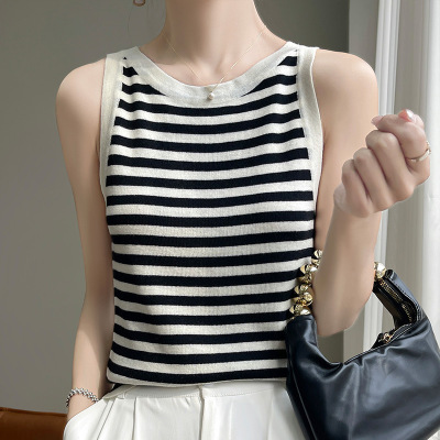 极简风时尚女士精纺羊毛背心春夏新款圆领套头针织内搭条纹吊带
