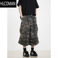 HLCOMAN夏季美式口袋阔腿迷彩工装短裤男女新款潮牌宽松休闲七分裤牛仔裤