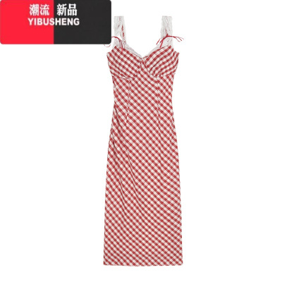 YIBUSHENG红色格子v领吊带连衣裙女季蕾丝拼接长裙甜辣收腰显瘦包臀裙子