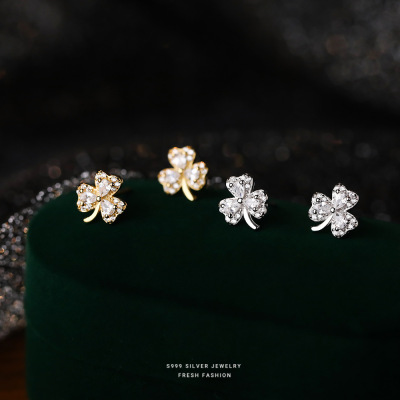 s999足银超闪锆石幸运三叶草耳钉轻奢高级感设计小众设计耳饰批发送女朋友老婆情人节七夕生日礼物