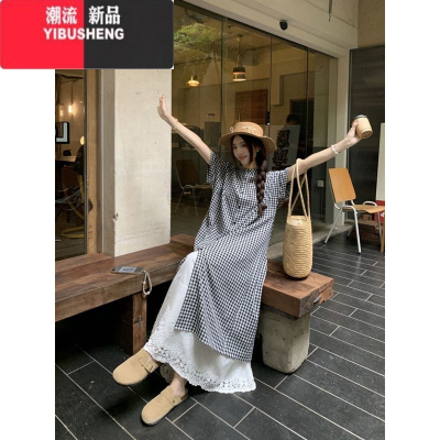 YIBUSHENG撞色格子衬衫连衣裙女季新款叠穿复古文艺松弛感小众别致长裙潮