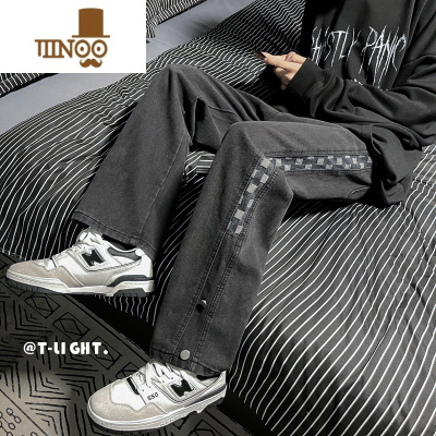 YANXU美式格子拼接裤子男秋季高街ins潮牌黑牛仔裤直筒宽松排扣阔腿裤