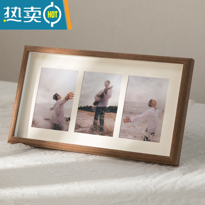 敬平简约创意相框摆台加洗照片四连组合相架情侣婚纱宝宝6寸相片像框 三联咖啡色(可放三张6寸照片10*15cm) 相框+洗