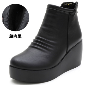 厚底靴女秋冬欧美风简约真皮松糕跟后拉链短靴复古圆头女棉靴