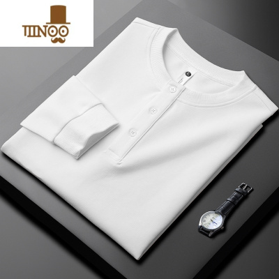 YANXU轻奢卡其色圆领长袖卫衣t恤男秋季薄款潮流青年弹力休闲修身上衣