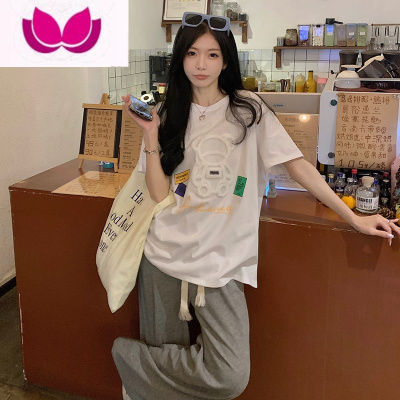 七斓夏季短袖大码女装印花小熊宽松韩版上衣胖妹妹百搭显瘦打底T恤女