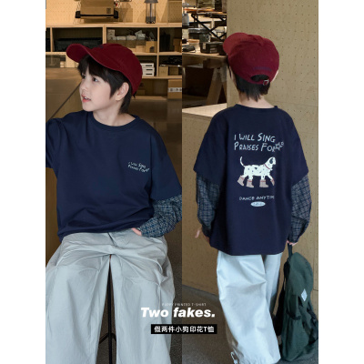 童酷男童秋款帅气小狗印花中小童上衣时尚格子假两件儿童T恤