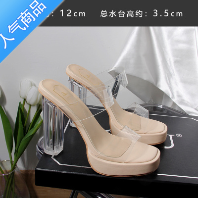 SUNTEK一字带透明超高跟防水台粗跟凉拖鞋2023年新款女夏小码313233外穿