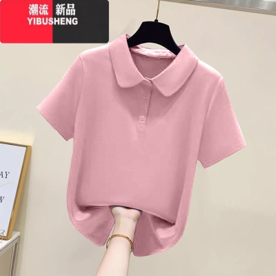 YIBUSHENG大码女士翻领短袖t恤简约百搭休闲装2024新款宽松减龄上衣