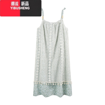 YIBUSHENG小个子海边度假风吊带裙女季设计感拼接碎花裙甜美连衣裙长裙子