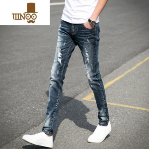 YANXU破洞牛仔裤男生潮牌修身小脚男士秋季新款弹力休闲长裤子韩版潮流