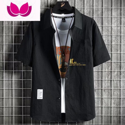 七斓工装衬衫男短袖夏季冰丝薄款休闲痞帅五分半袖衬衣宽松寸衣外套潮