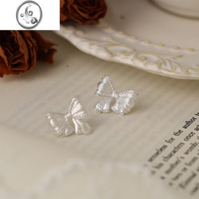 JiMi七夕礼物小香风蕾丝蝴蝶结耳钉女银银小众设计感洋气法式耳饰