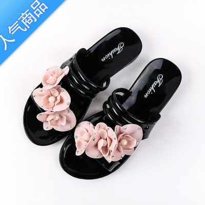 SUNTEK女鞋拖鞋凉鞋韩版时尚果冻水晶一字拖沙滩鞋女鞋网红花朵拖鞋