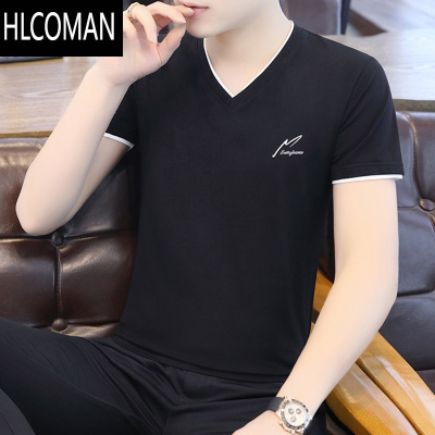 HLCOMAN夏装男士短袖T恤v鸡心领百搭上衣服半袖男装休闲丅恤修身体恤