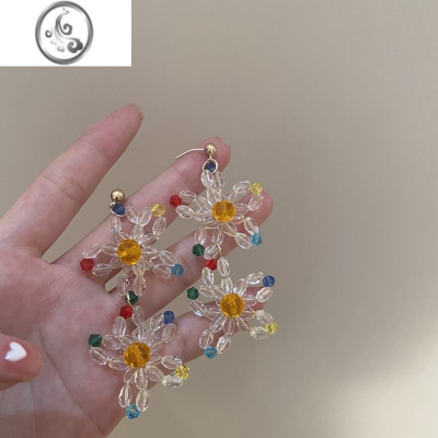 JiMi925银针水晶串珠花朵长款耳环女ins超仙森系花瓣流苏耳钉耳饰复古