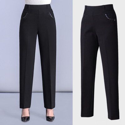 迪鲁奥(DILUAO)高档妈妈裤子女常规春秋中年松紧腰黑色休闲长裤女中老年女裤外穿 黑色