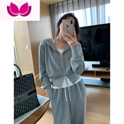 七斓本希benxe 灰色慵懒风运动套装女春季连帽卫衣休闲阔腿裤套