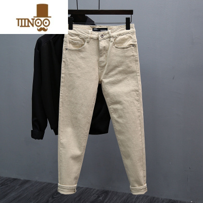 YANXU卡其色牛仔裤男士2023新款修身小脚水洗韩版潮流百搭长裤子