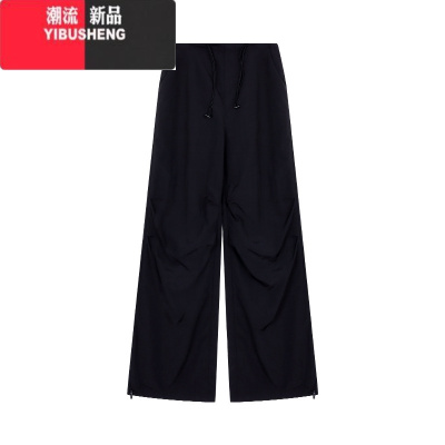 YIBUSHENG美式复古抽绳工装裤女季设计感褶皱阔腿裤束脚裤休闲裤