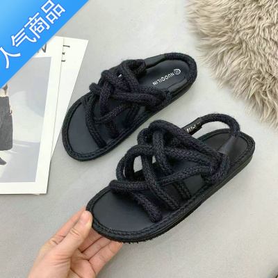 SUNTEK网红潮英伦风罗马鞋凉鞋2023夏外穿露趾凉拖百搭草编麻绳沙滩女鞋