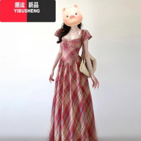 YIBUSHENG复古红色格子小飞袖连衣裙子女季2024新款度假风小个子气质长裙