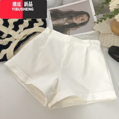 YIBUSHENG卷边高腰弹力西装休闲裤女2023年春秋韩版百搭显瘦外穿阔腿短裤潮