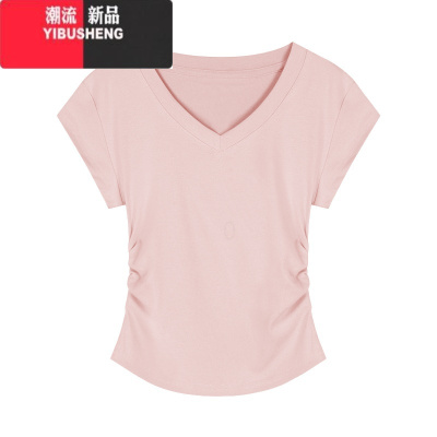 YIBUSHENG蓝色v领短袖正肩T恤女季设计感掐腰打底衫紧身chic甜辣短款上衣