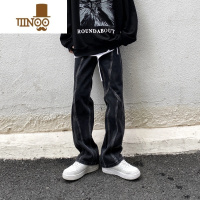 YANXU非潮勿近高街美式复古水洗拼接牛仔裤男直筒宽松设计垂感拖地裤子