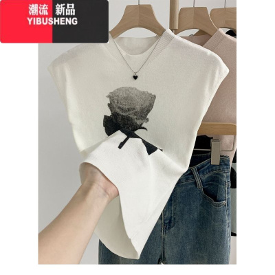 YIBUSHENG法式设计感玫瑰花冰丝针织短袖t恤女季修身短款小飞袖坎肩上衣