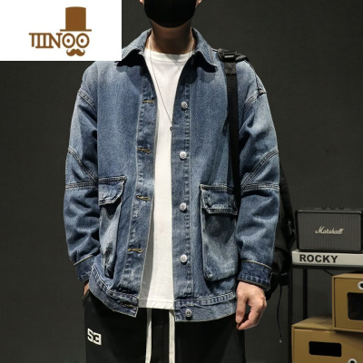 YANXU秋季新款牛仔工装翻领夹克男士百搭宽松潮流休闲外套长袖百搭上衣