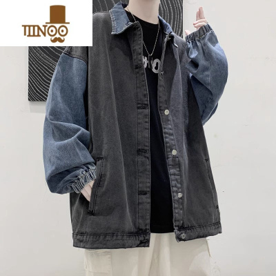 YANXU高街潮牌拼接牛仔外套男美式复古水洗做旧牛仔衣褂子oversize夹克