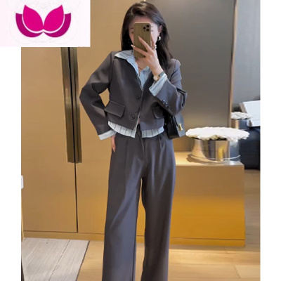 七斓盐系轻熟穿搭套装女春季2023新款拼接假西装外套阔腿裤套