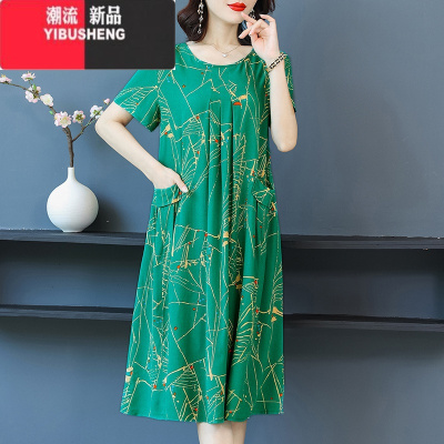 YIBUSHENG2024年新款大码中老年季胖妈妈装棉绸连衣裙中长款高端宽松裙子