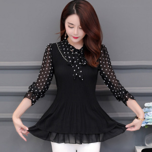 迪鲁奥(DILUAO)秋装新款泡泡袖打底衫女式大码宽松长款中年人妈妈显瘦雪纺上衣服 黑色 L