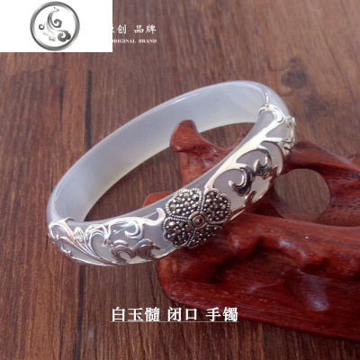 玉手镯镶925纯银泰银复古天然玉髓玛瑙玉镯子女银饰品送妈妈女友 JiMi